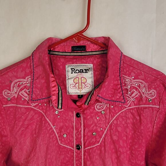 Roar pink embroidered sequined satin trim button up western shirt Large Cowgirl - Picture 4 of 10